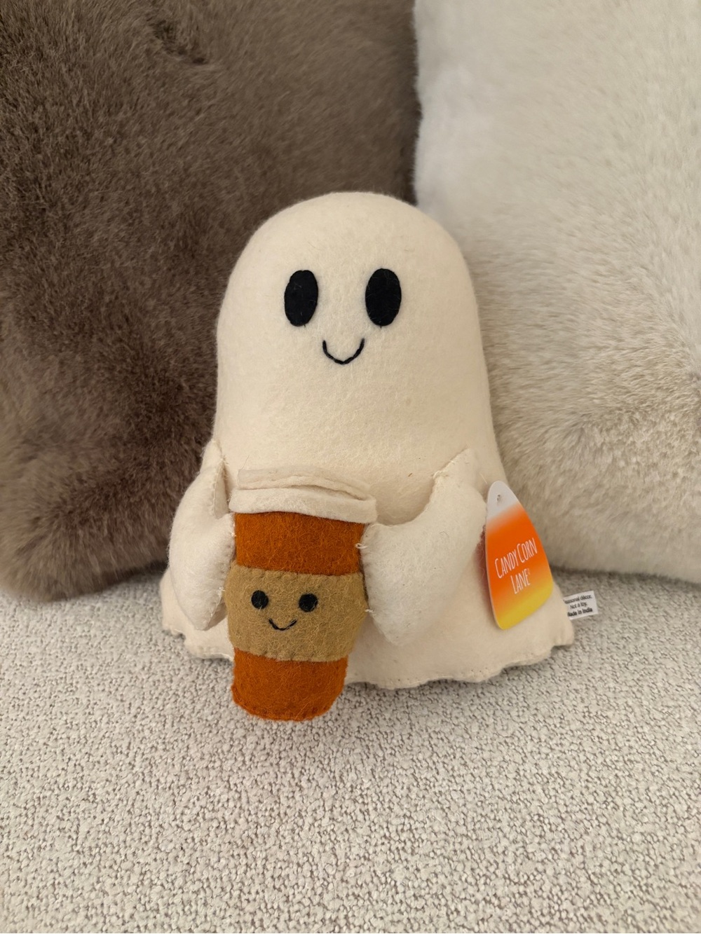 Candy corn lane felted Halloween ghost with pumpkin spice latte! NEW